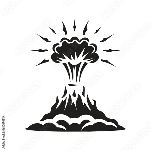 Stylized Black Silhouette of a Volcanic Eruption with Rays volcano explosion with Vector Design