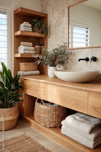 Light-filled bathroom with wooden vanity, stone sink, and woven baskets