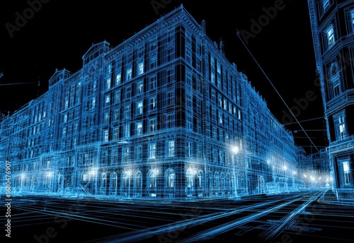 City buildings, wireframe, night, digital
