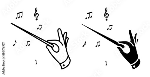 Line icon. Hand of conductor composer holds baton directing musicians of orchestra. Simple black and white vector isolated on white background