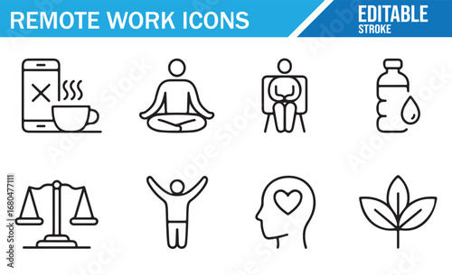 Wellness and Work-Life Balance Icons for Home Office Setup.