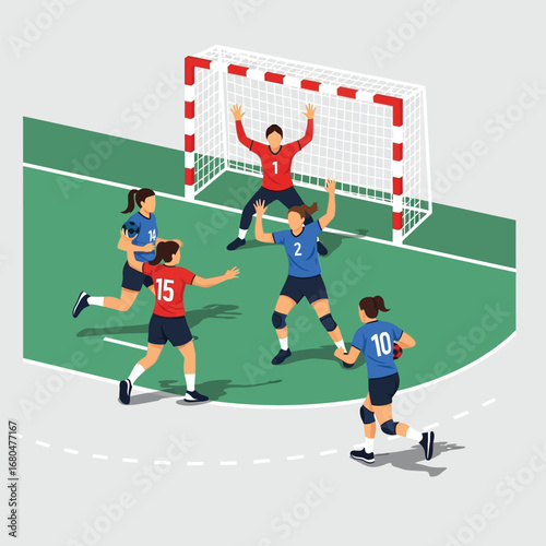 Women's handball players in action near a goal, dynamic play.