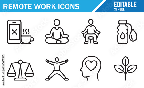 Collection of Remote Work and Wellness Icons in Clean Line Art Style.