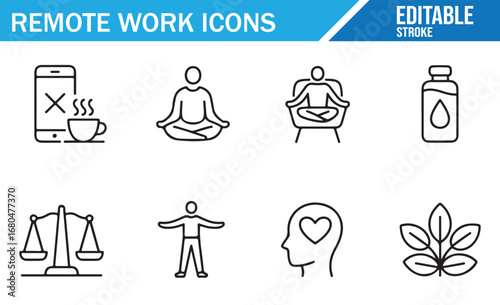 Simple Icons Representing Remote Work, Health, and Relaxation.