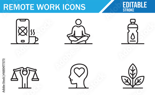 Line Icons Set for Remote Work Activities and Work-Life Balance.