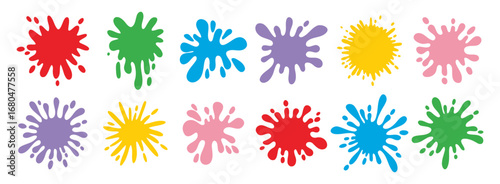 Colorful splatters different shapes. Bright stains and splashes. Ink blots collection clipart elements.