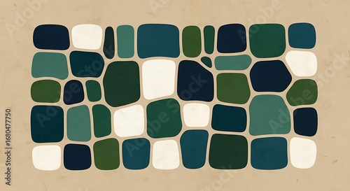 Abstract pattern of rounded rectangular shapes in various shades of blue and green