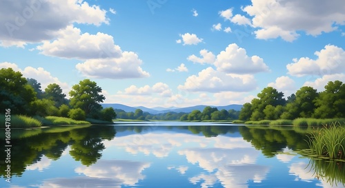 Serene Lake Landscape with Clouds.