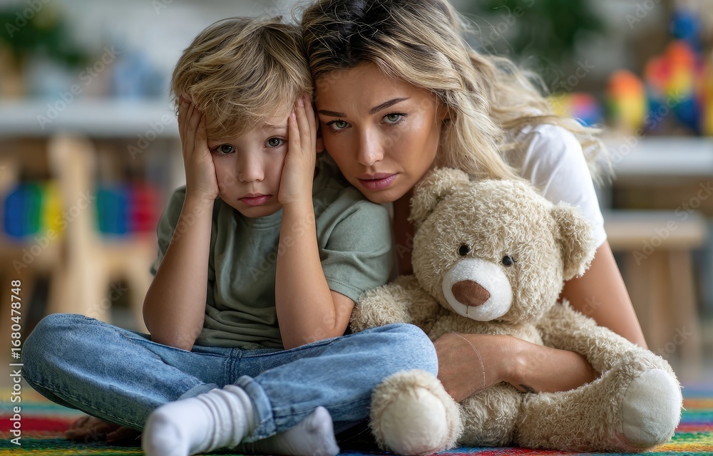 Obraz premium a woman in a green shirt and blue pants is sitting on the floor with her hands behind her head, holding an adult-sized white teddy bear toy while she stands next to him