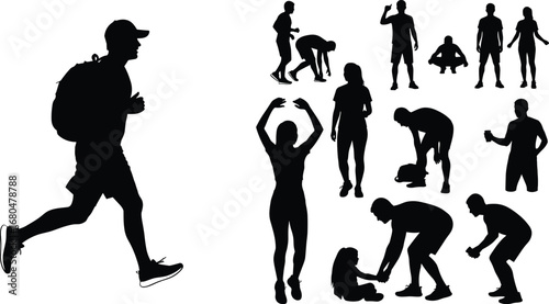 Silhouettes of people in motion, helping, running, standing, squatting, and stretching; includes child and adult interaction poses