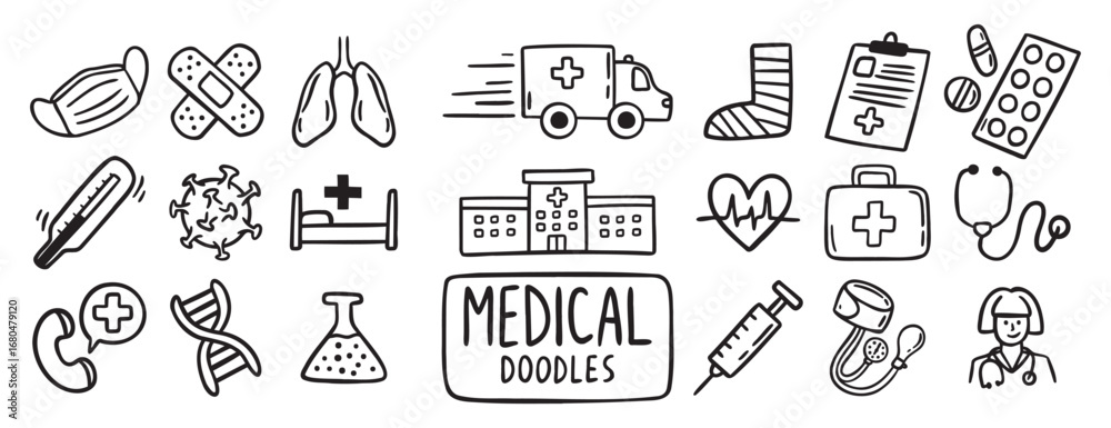 Naklejka premium medical health care doodle hand drawn icon set. Outline drawing medical health care items line clipart symbol collection. Outline drawing line clipart symbol collection