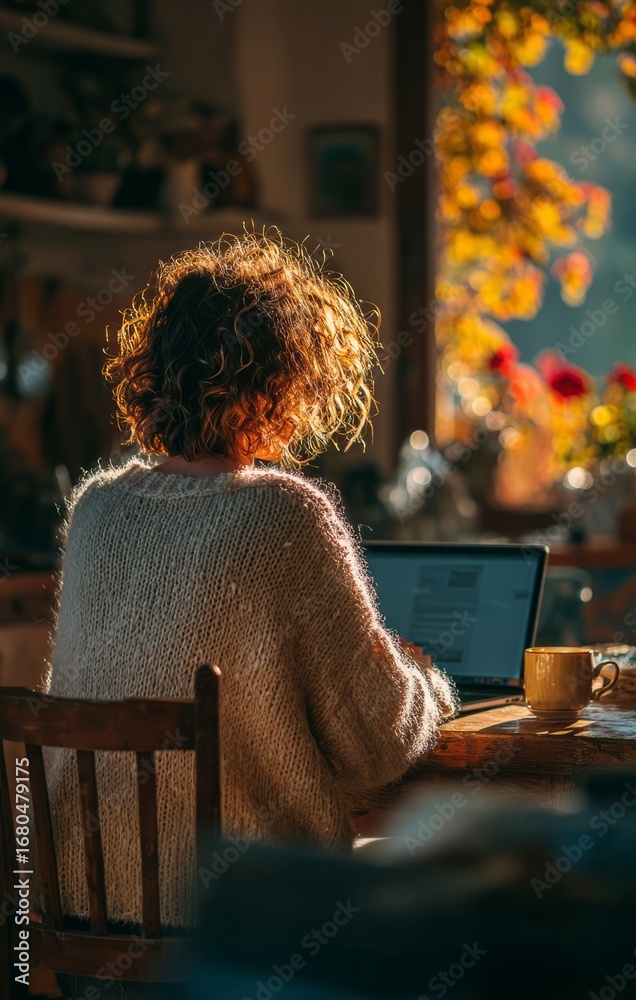 Obraz premium Woman working from home on laptop in cozy autumn setting