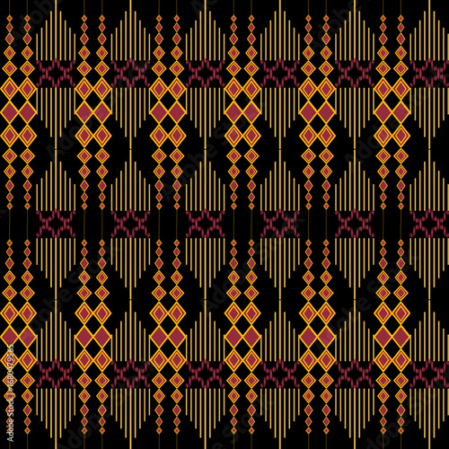 Golden outlined flowers with subtle shading and smaller floral accents on a black background, forming a rich, repeating pattern.


