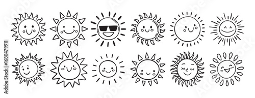 Cute kids sun doodle hand drawn icon set. Outline drawing funny happy smile suns cartoon characters line clipart symbol collection