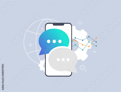 Chat powers mobile customer support with analytics on smartphone. Chatbot messaging and helpdesk service meet automation and global reach. Vector illustration for websites, apps and presentations