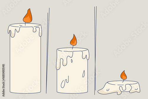 Minimal line illustration of three candles melting at different heights, symbolizing the passage of time, life cycle, and burnout.