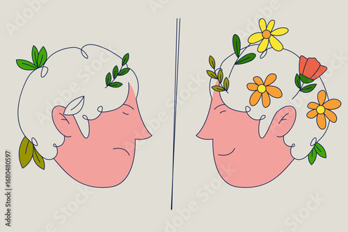 Before-and-after portrait of an older person with leaves turning into flowers, illustrating mental health recovery and a positive mindset.