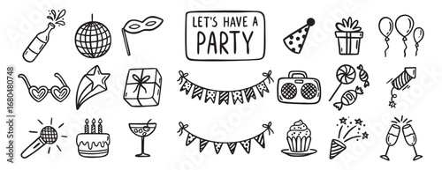 Party event or Birthday doodle icon element doodle hand drawn icon set. Outline drawing party, carnival celebration concept line clipart symbol collection. sketch birthday cake, balloon, decoration