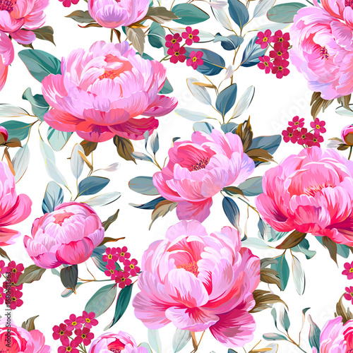 Pattern with peonies, forget-me-not flowers pink. Vector floral pattern with summer flowers and peonies. For paper, fabric, packaging and interior design.