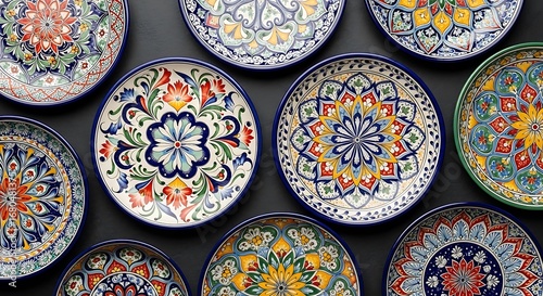 Collection of colorful ceramic plates with intricate patterns