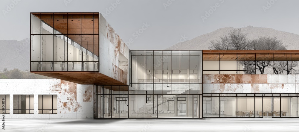 Obraz premium Modern, light-filled building with a cantilevered section. Exterior showcasing large glass windows and a light beige/off-white facade with accents of warm wood