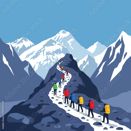 Hikers ascend a winding mountain trail towards majestic snow-capped peaks.