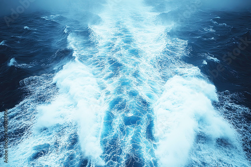 Sea surface background with white foam water trail, wake pattern behind a cruise ship. A visible trail of disturbed water, including waves and white foam, created as the vessel moves through the water