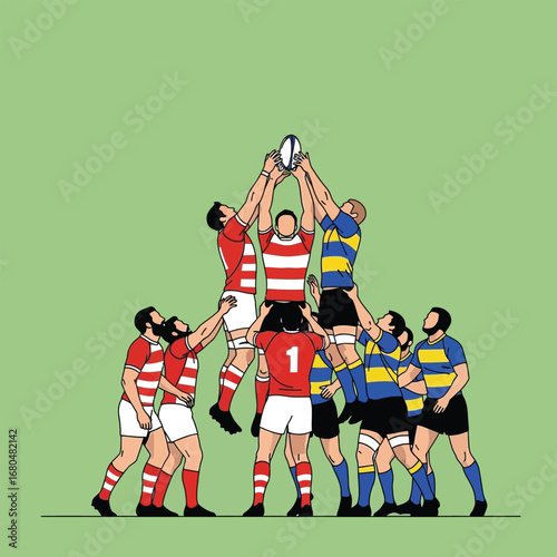 A stylized illustration of a rugby scrum, players competing for the ball.