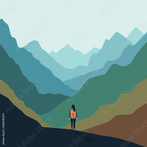 A solitary figure with a backpack gazes upon a layered mountain range, embracing the scenic vista.