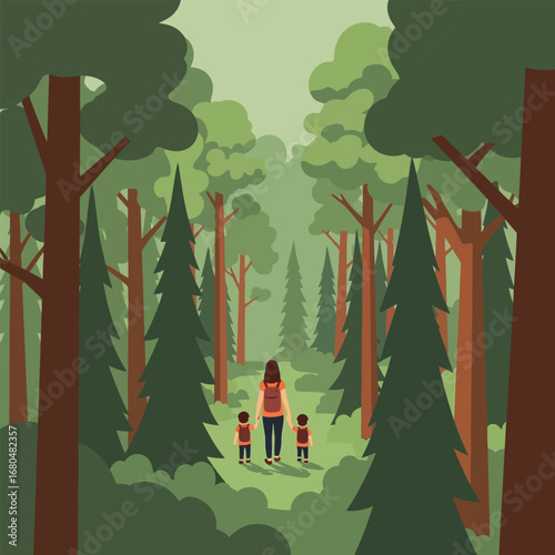 A woman and two children with backpacks are walking away into a dense forest.