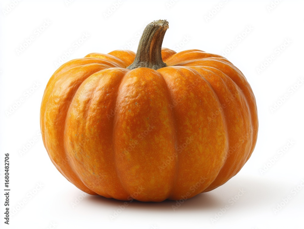 Fototapeta premium Single ripe pumpkin isolated on white background, front view. For autumn harvest, Halloween design, healthy food concept, and as a design element.