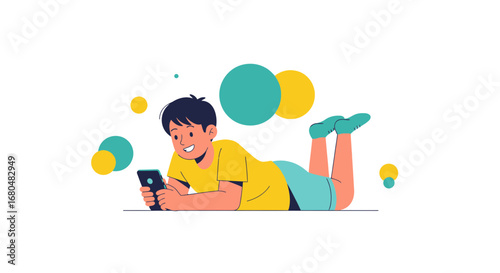 Boy Enjoying Smartphone, Relaxing Indoors, Modern Interface, Technology Lifestyle