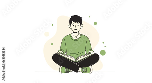 Cheerful Boy Reading Book with Crossed Legs in a Simplified Minimalistic Illustration