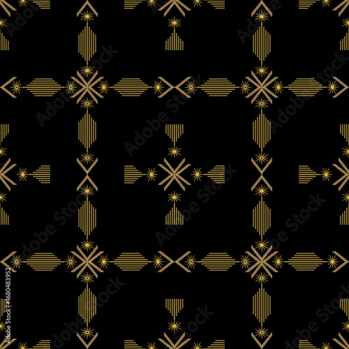 Golden outlined flowers with subtle shading and smaller floral accents on a black background, forming a rich, repeating pattern.
