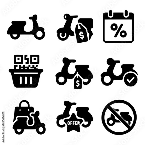 Scooter Icon Set: A set of minimalistic icons of scooter, representing a variety of services and functionalities. Conveying the message of transportation, offer, discount.