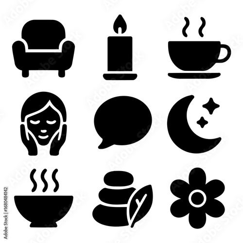 Serene Relaxation Icons: A collection of icons representing elements of relaxation and self-care, including a cup of hot beverage, aromatherapy candle, spa stones, and a calming face treatment.