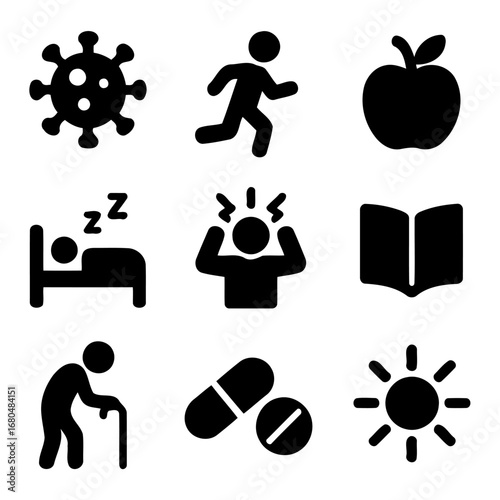 Health and Wellness Icons: A collection of minimalist icons representing essential aspects of health and wellness, each a clean visual symbol of vitality and life.