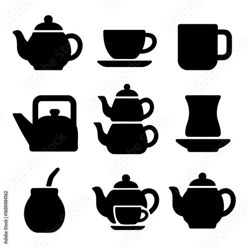 Variety of Teaware Silhouettes: A collection of elegant tea and drink ware silhouettes against a background, perfect for design projects. This compilation features various tea pots, cups and mugs. 
