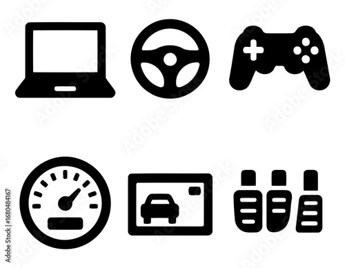 Iconic Elements: A vector graphic compilation showcasing a laptop, steering wheel, game controller, speedometer, tablet, and accelerator/brake pedals. Highlighting digital age, gaming.