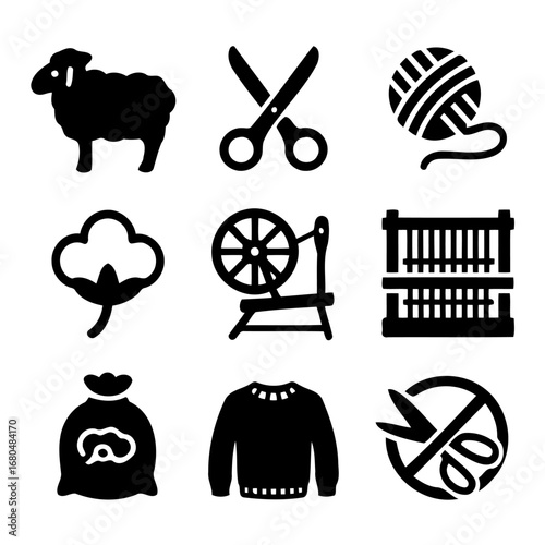 Artisan's Craft Icon Set: A collection of meticulously crafted vector icons capturing the essence of textile artistry, from the gentle sheep to the delicate knitting needle.