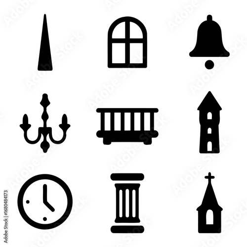 Architectural Silhouettes: A collection of iconic architectural elements arranged in a clean and structured grid, the timeless shapes of churches, clock and various iconic elements.