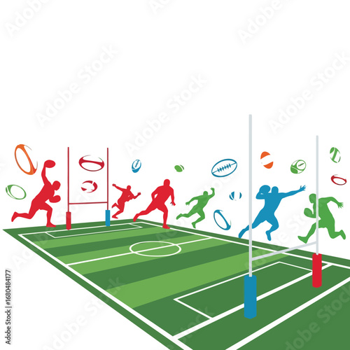 Dynamic rugby players in action, colorful silhouettes on a green field, rugby balls flying.