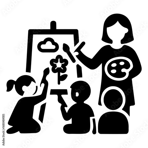 Creative Minds at Play: An inspirational illustration of children exploring the joys of art, guided by a nurturing educator. The scene exudes warmth and creativity.