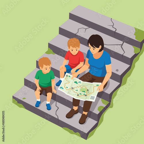 A mother and her two sons plan a hike, studying a trail map together on weathered stone steps.