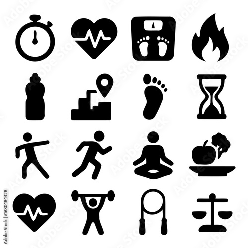 Fitness and Wellness Icons: A visually cohesive set of illustrated icons, representing health, fitness, and balanced living. A collection of icons on a health and fitness theme, designed in a bold.