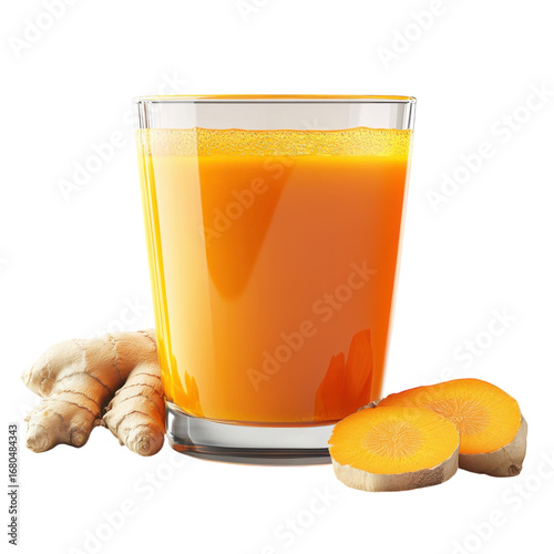 Freshly squeezed turmeric and ginger juice in a glass a vibrant and healthy beverage for wellness and vitality studio shot on transparent background