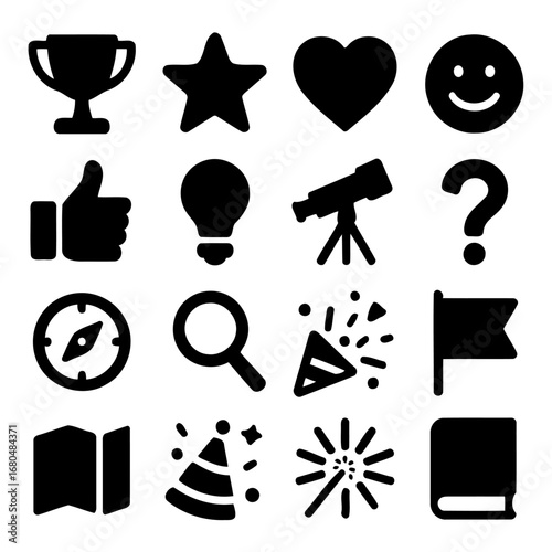 Versatile Icon Set: A comprehensive and unified collection of modern icons, including essential symbols, each rendered in a contemporary.