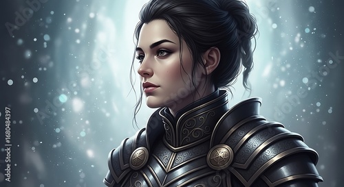 Focused Female Warrior in Dark Armor.