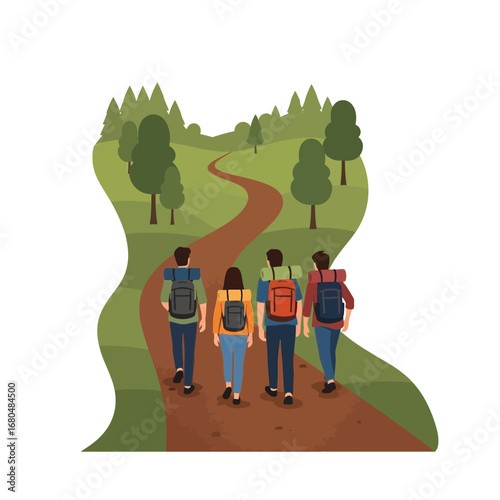 A group of hikers with backpacks walking along a winding trail through a forest.