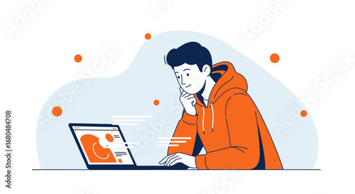 Creative Young Man Concentrating on Tasks Portrayed on a Laptop Screen in a Modern Scene